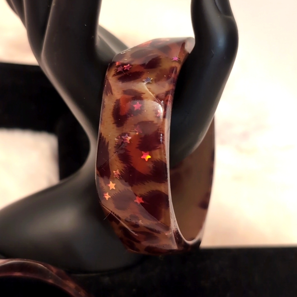 Vintage Pair of Leopard Print Geometric Bangles with Shiny Stars Within